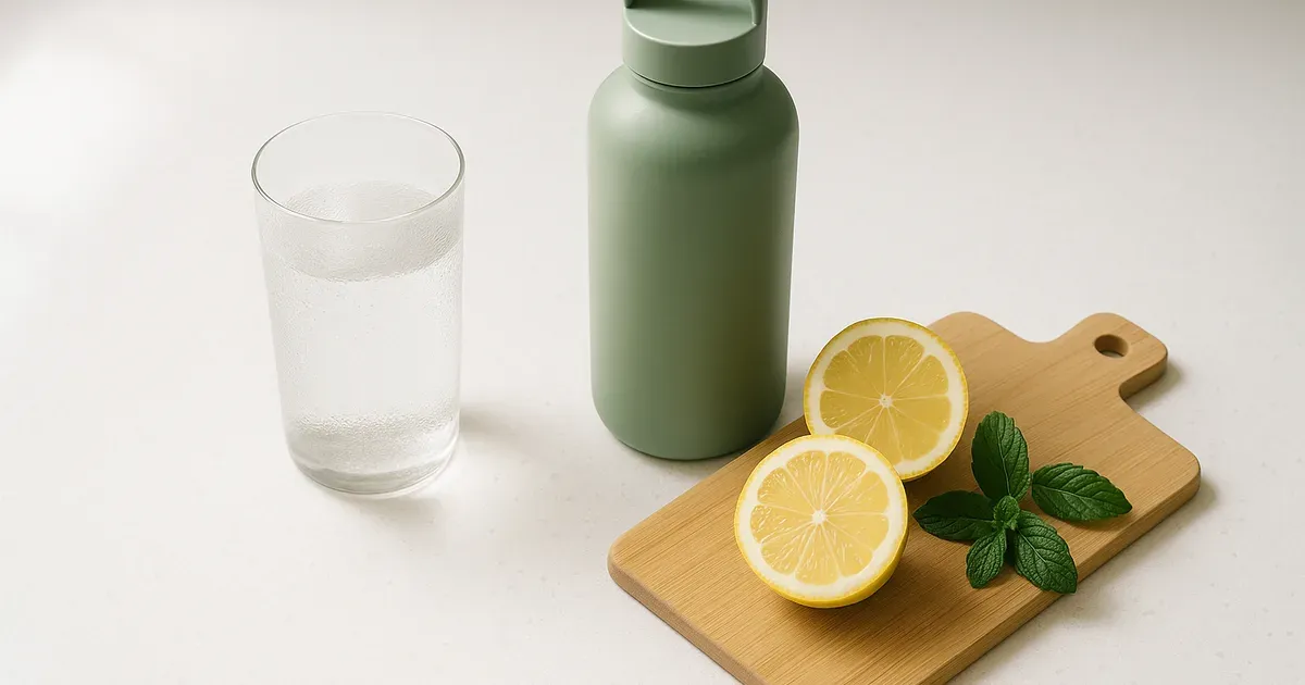 Water and hydration tools supporting gut health during menopause on a white countertop