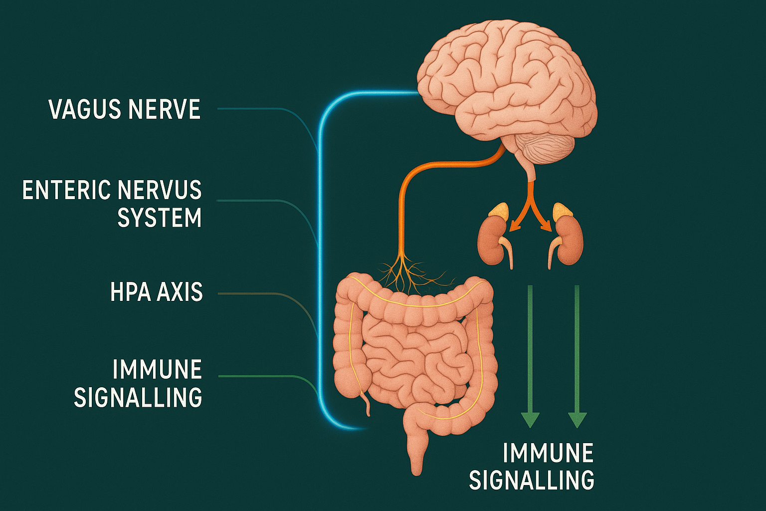 Diagram of the four gut-brain axis communication pathways: vagus nerve, enteric nervous system, HPA axis, and immune signalling