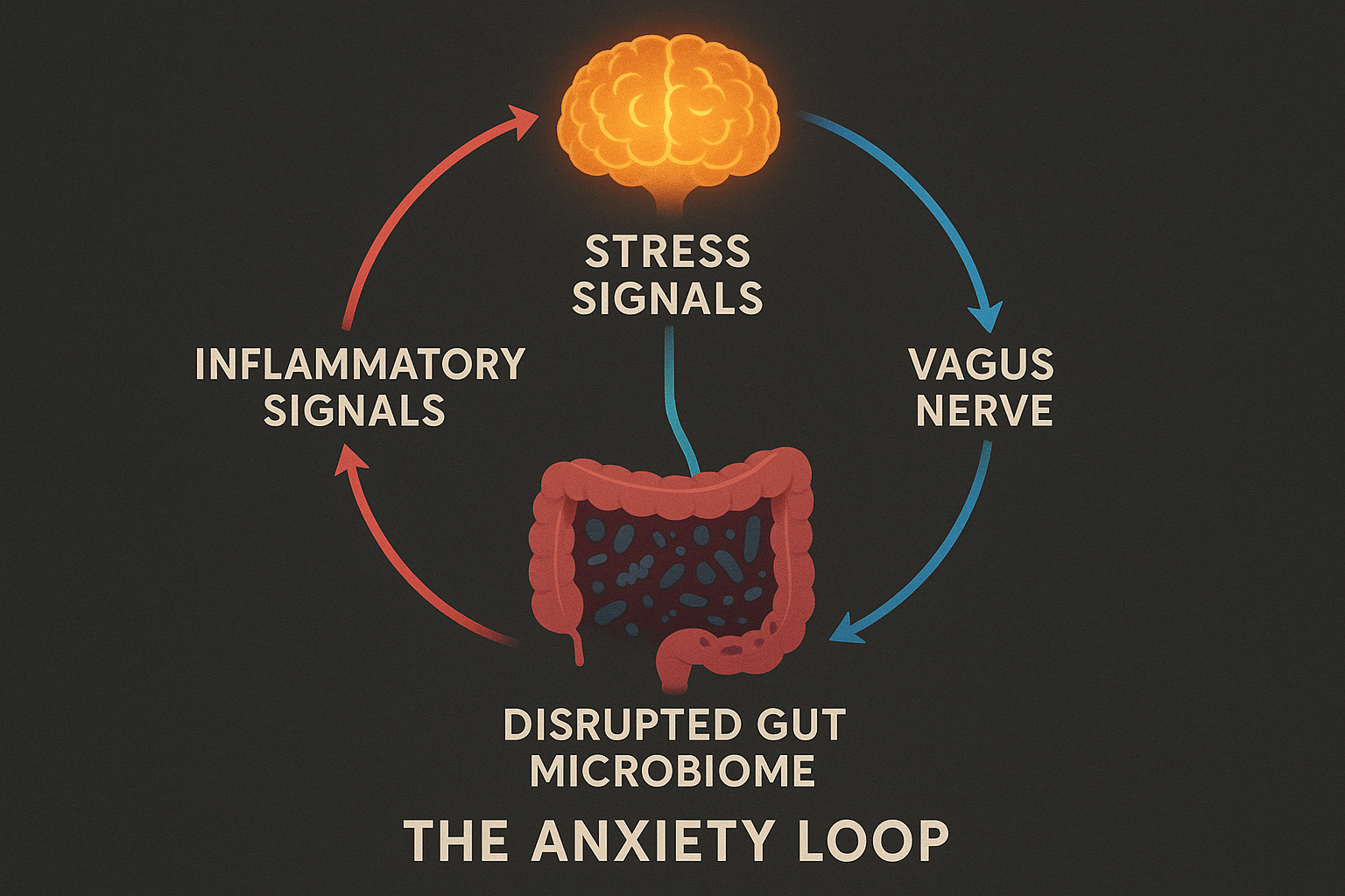 Circular diagram showing the bidirectional gut-anxiety feedback loop: stress disrupts the microbiome, which amplifies anxiety via vagal and immune pathways