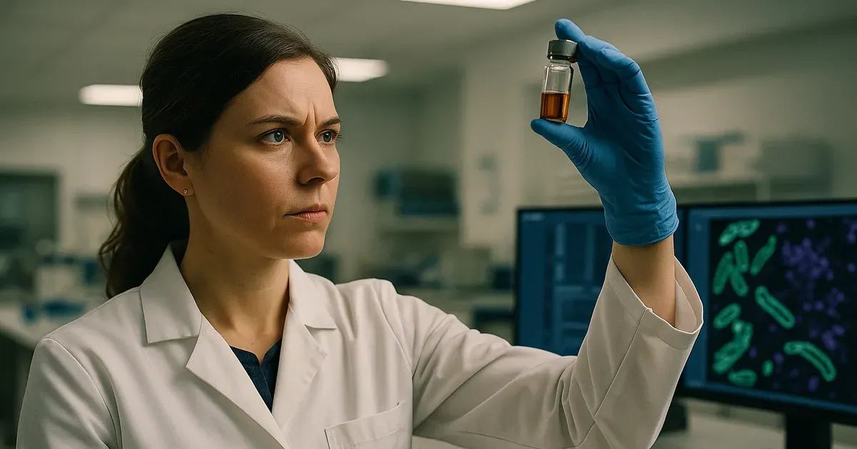 Researcher examining gut microbe sample in lab, related to gut microbe muscle strength study