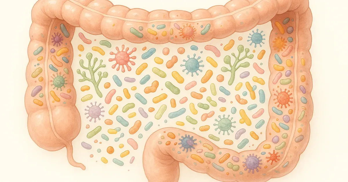 Illustration of gut microbiota dysbiosis showing diverse microbial colonies in the human intestine