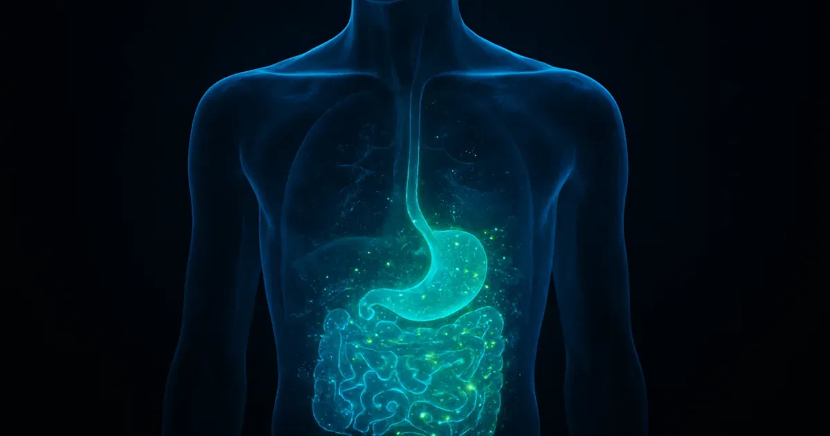 Glowing human torso representing hologenome concept linking gut microbiota dysbiosis to overall metabolic health