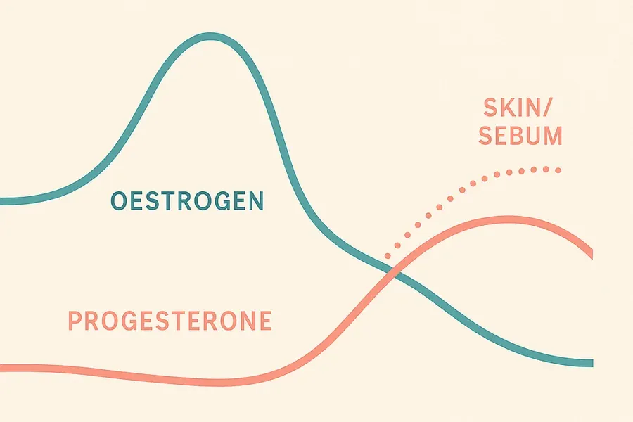 Chart showing how oestrogen and progesterone fluctuations across the menstrual cycle affect sebum production and acne