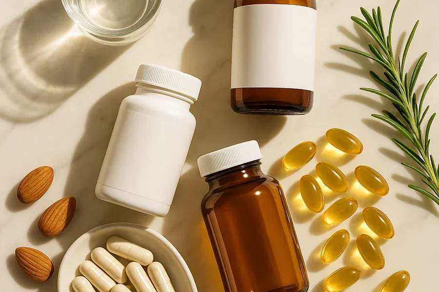 Zinc, vitamin D and omega-3 supplements arranged on a marble surface