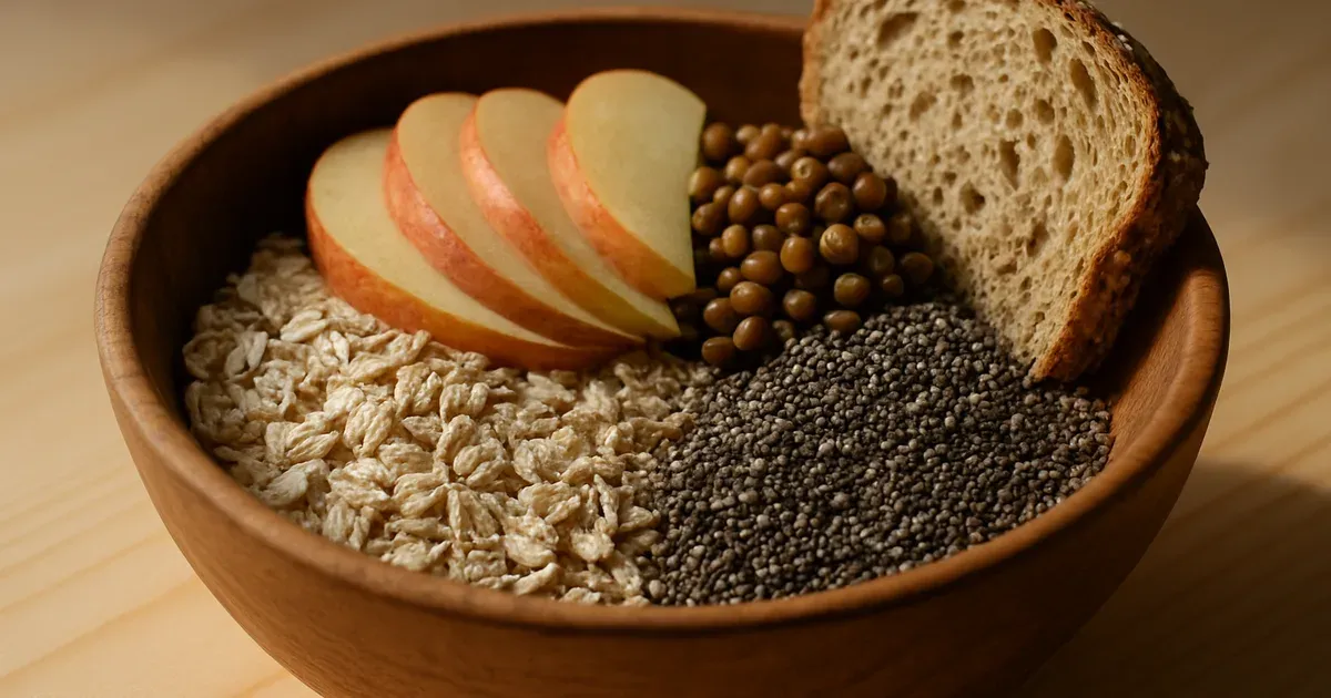 High-fiber foods including oats, apple, lentils and chia seeds showing sources of soluble and insoluble fiber