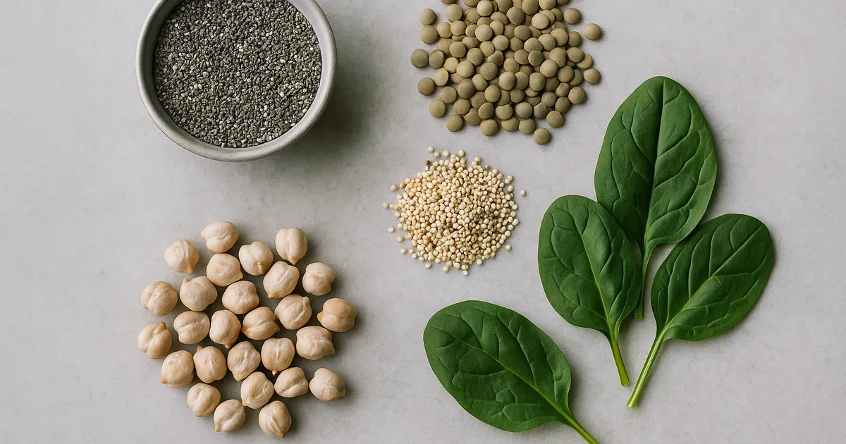 Low-FODMAP fiber foods including chia seeds, lentils, chickpeas, quinoa, and spinach on a stone surface