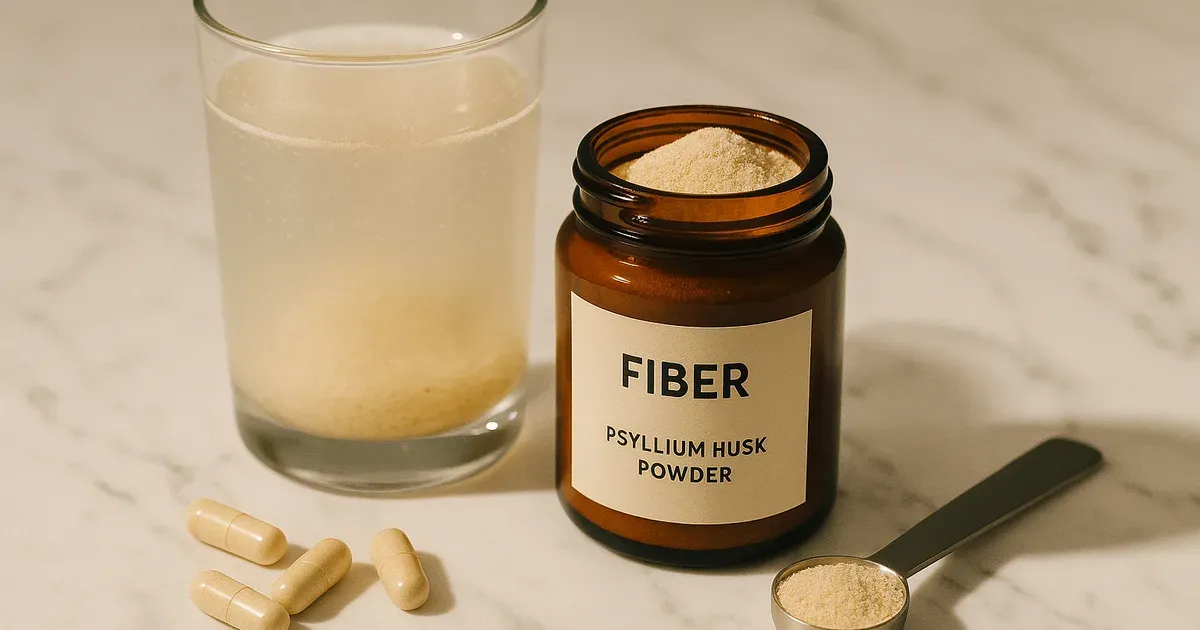 Fiber supplements including psyllium husk powder, capsules, and a glass of fiber drink on white marble