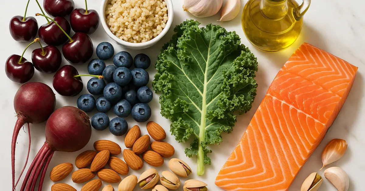 Anti-inflammatory foods including berries, leafy greens, nuts, fish and olive oil for a high-protein meal plan for energy