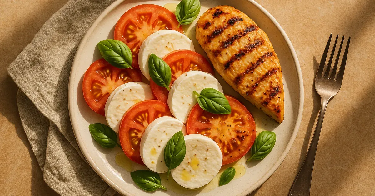Chicken Caprese Salad from a high-protein meal plan for energy plated on a ceramic dish