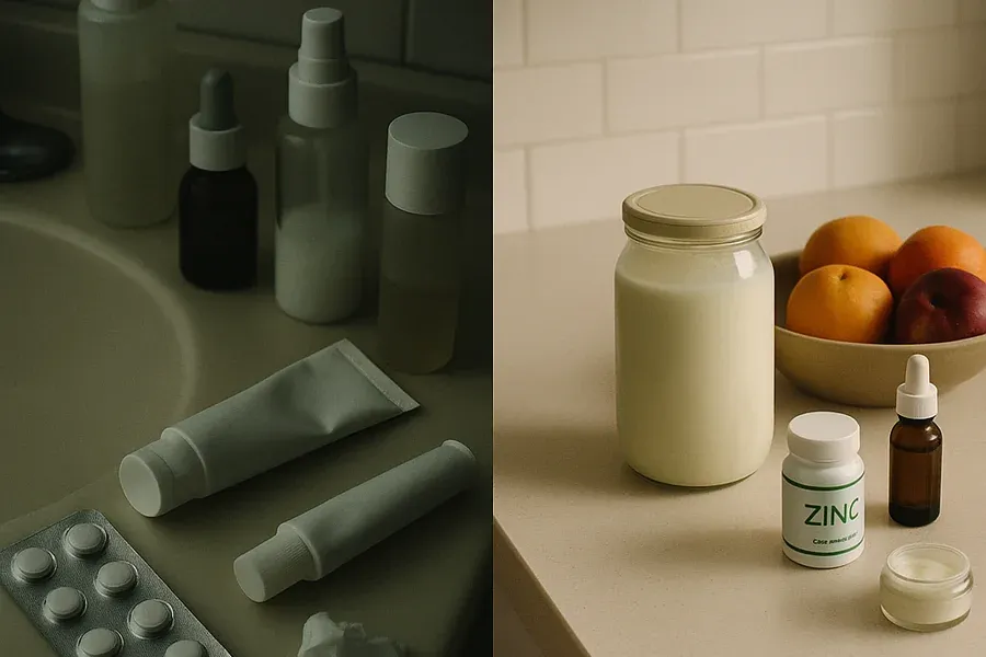 Before and after mood — cluttered skincare products and prescription treatments versus a clean, gut-health-focused approach