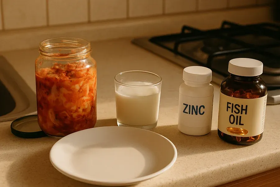 Fermented foods (kimchi and kefir) alongside zinc, vitamin D and omega-3 supplements — the combination that cleared hormonal acne