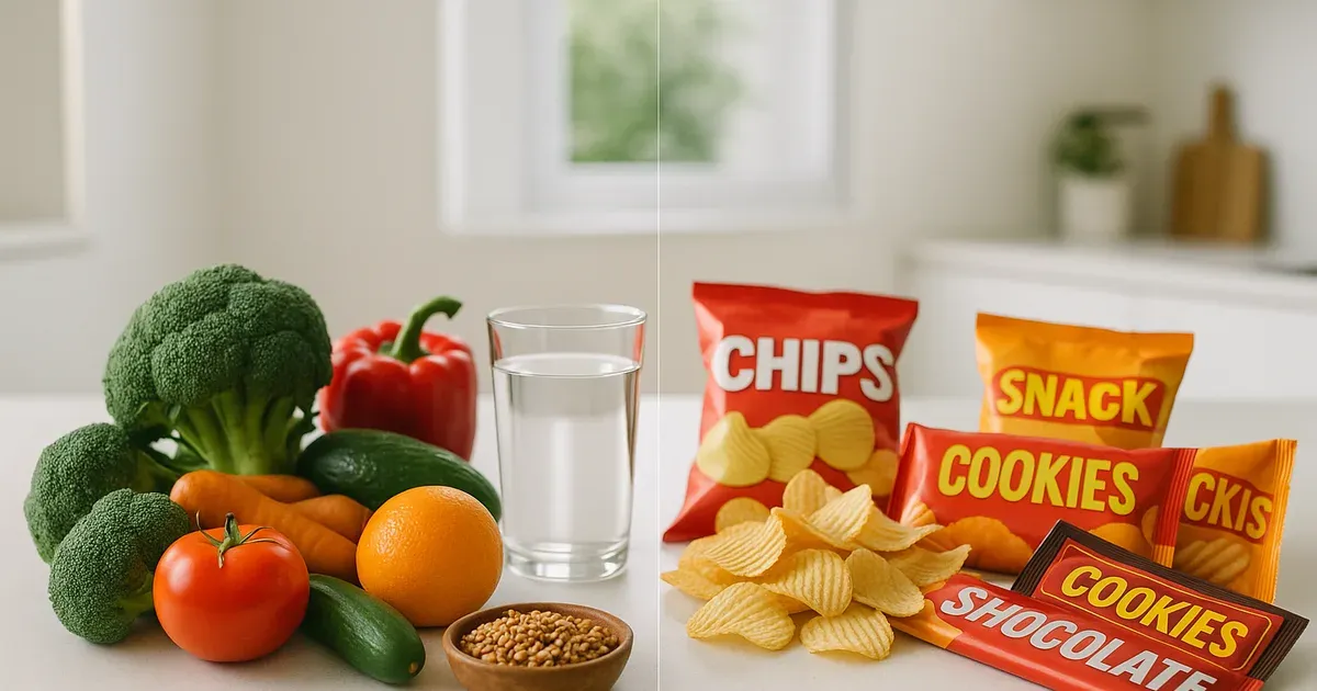 Split kitchen counter showing healthy foods versus junk food, illustrating how to avoid junk food choices