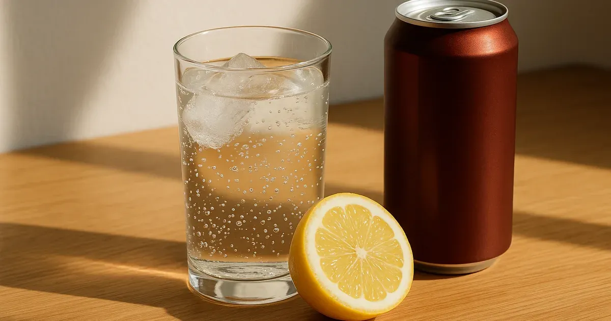 Glass of water with lemon next to a cola can, showing a healthier drink choice to avoid junk food habits