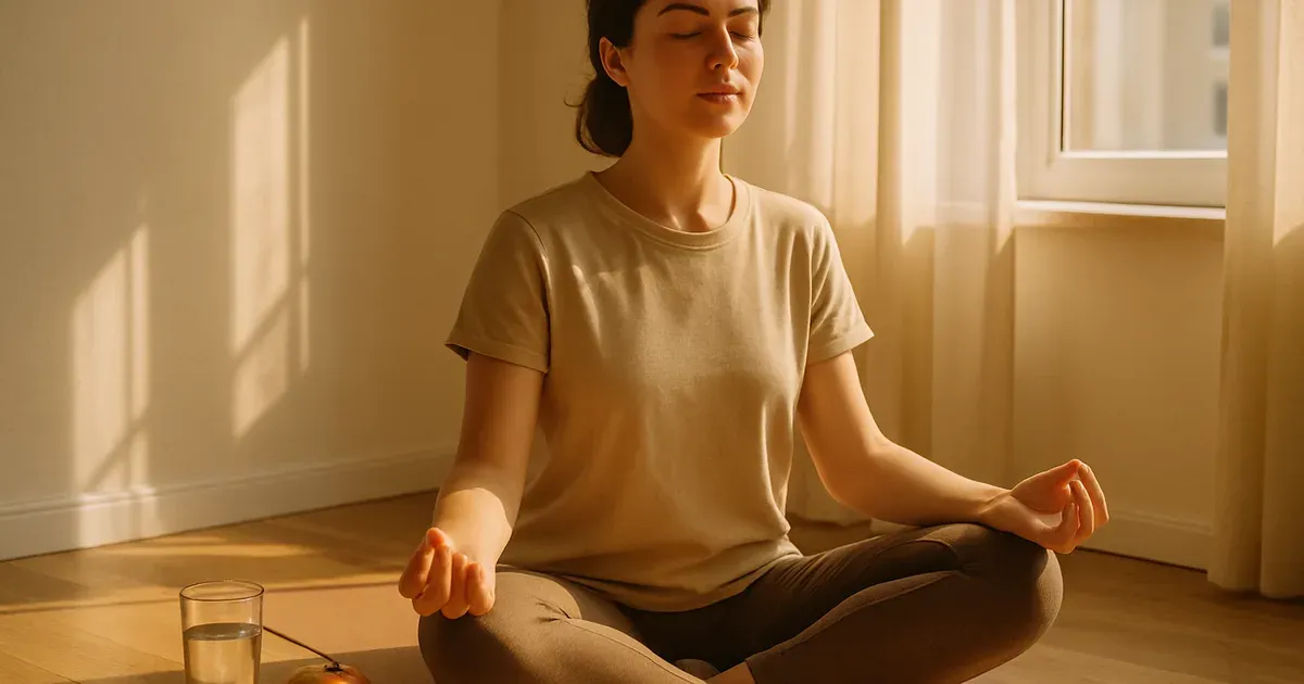 Person meditating near a window with water and an apple, managing stress to avoid junk food cravings