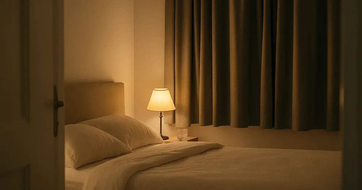 Peaceful bedroom with white bedding and dim lighting representing quality sleep to support healthy eating habits