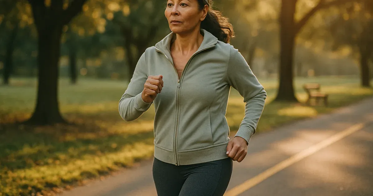 Woman in her 50s doing HIIT interval walking in a park to combat menopausal belly fat