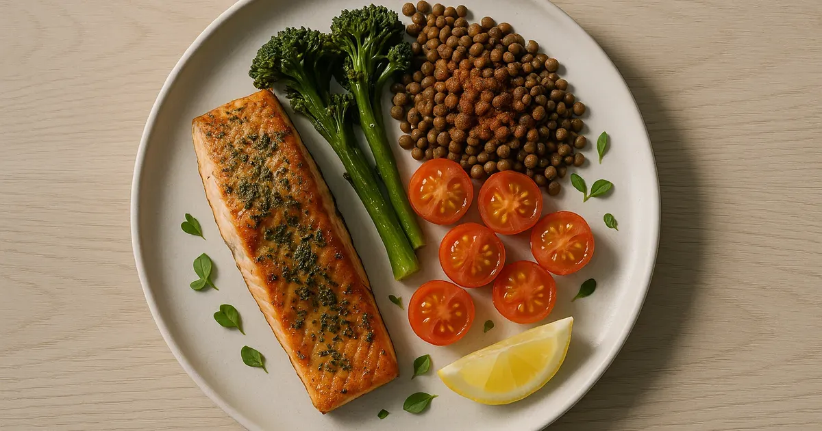 Balanced meal with lean protein and vegetables to support menopausal belly fat reduction