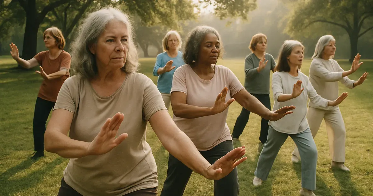 Group of women over 50 practising tai chi outdoors as an alternative exercise for menopausal belly fat