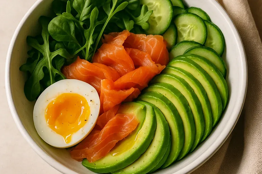 Nourishing anti-inflammatory meal with salmon, avocado, greens and egg