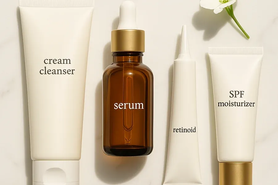 Minimal skincare routine for hormonal acne — cleanser, niacinamide, retinoid, SPF