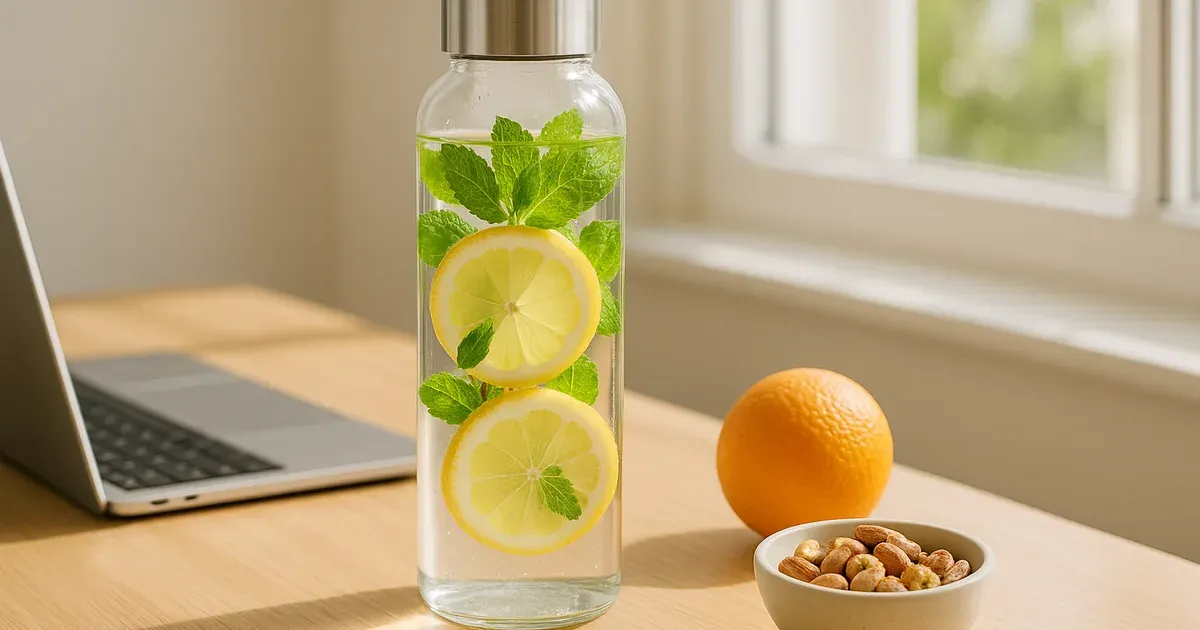 Reusable water bottle with lemon and mint beside healthy snacks — simple swaps to cut junk food cravings
