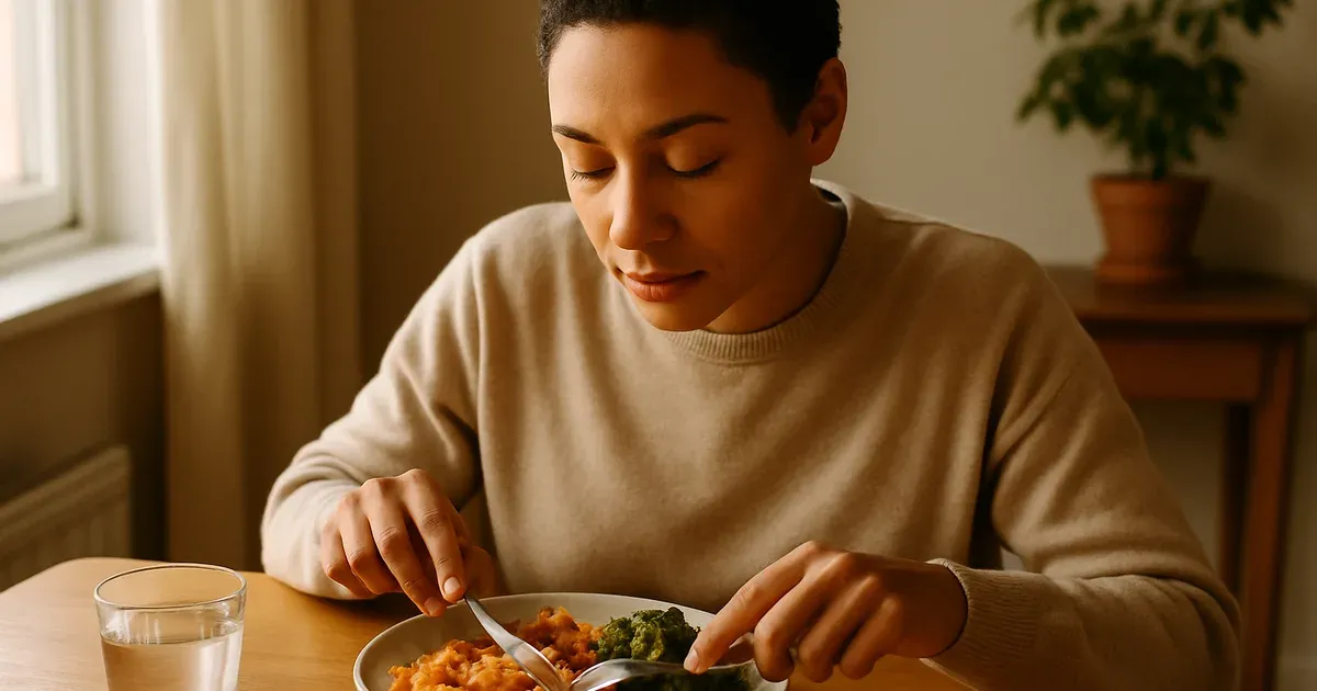 Person eating mindfully at a dining table without screens — mindful eating helps cut junk food overconsumption