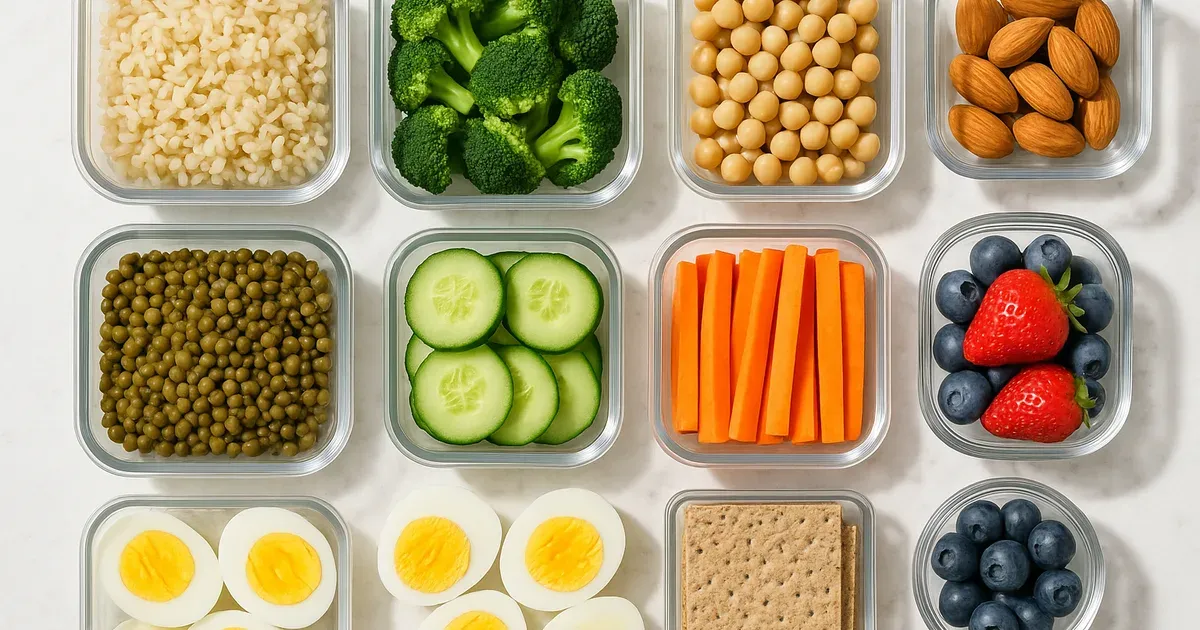Healthy meal prep containers with legumes, eggs, vegetables and nuts — how to cut junk food through smart planning
