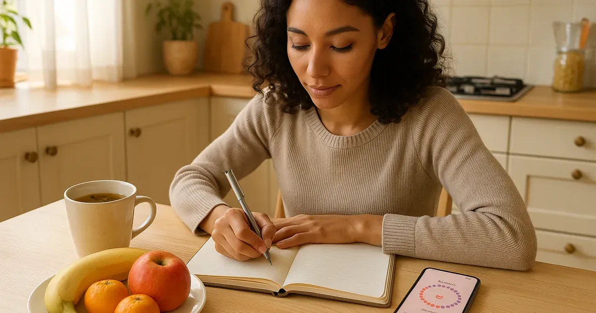 Woman journaling her menstrual cycle phases at a bright kitchen table for cycle syncing practice