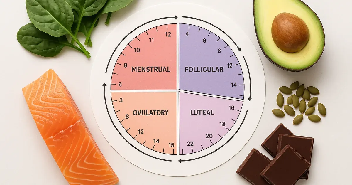 Flat-lay of four menstrual cycle phases illustrated with phase-specific foods for cycle syncing nutrition