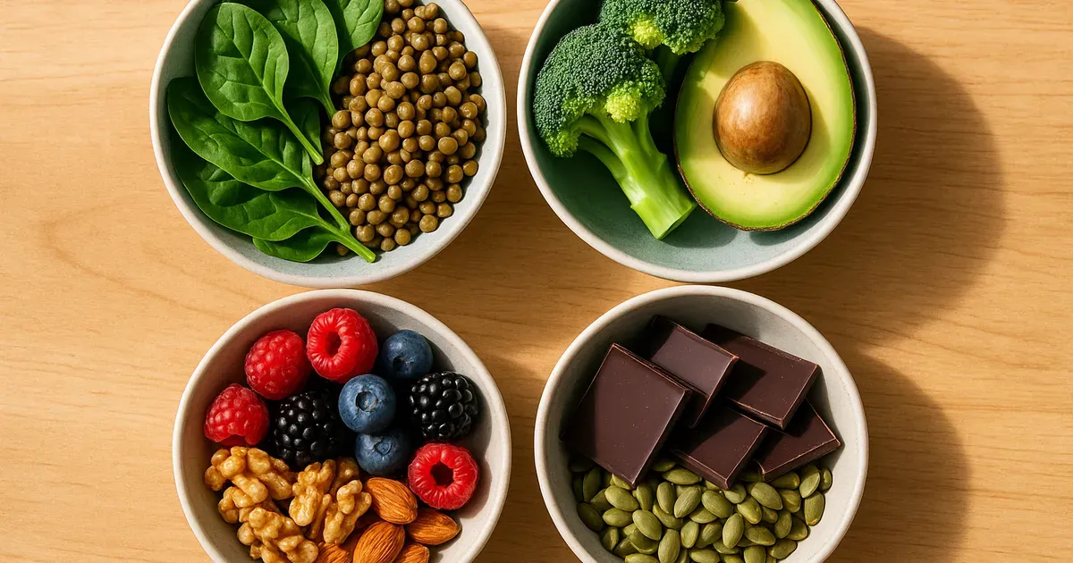 Four bowls of phase-specific cycle syncing foods arranged in a circle on a wooden table