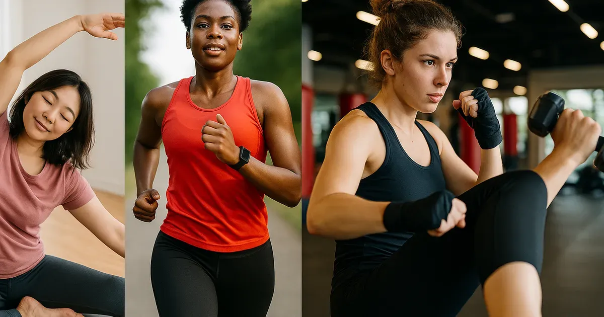 Four women exercising at different intensities representing cycle syncing workout phases across the menstrual cycle