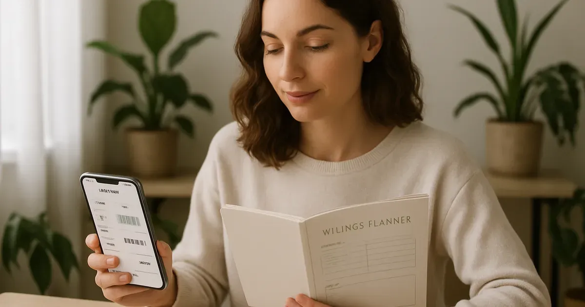 Woman reviewing cycle syncing planner and tracking app at a tidy desk to align work and social plans
