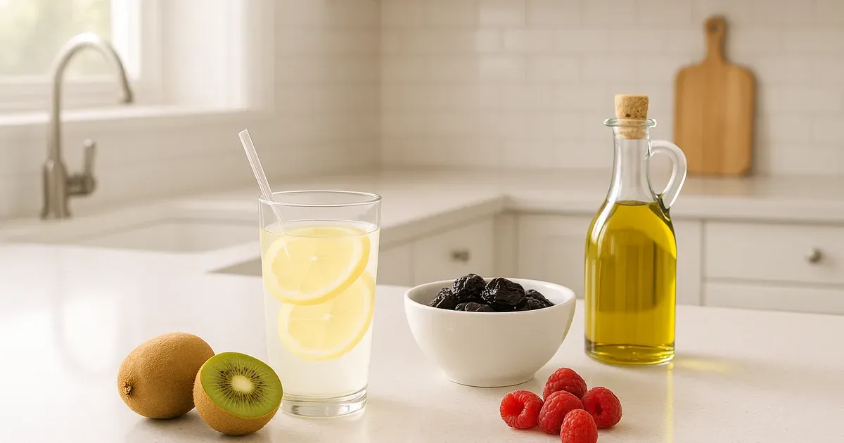 Natural foods to encourage a bowel movement including lemon water, prunes, olive oil and fresh fruit on a kitchen counter