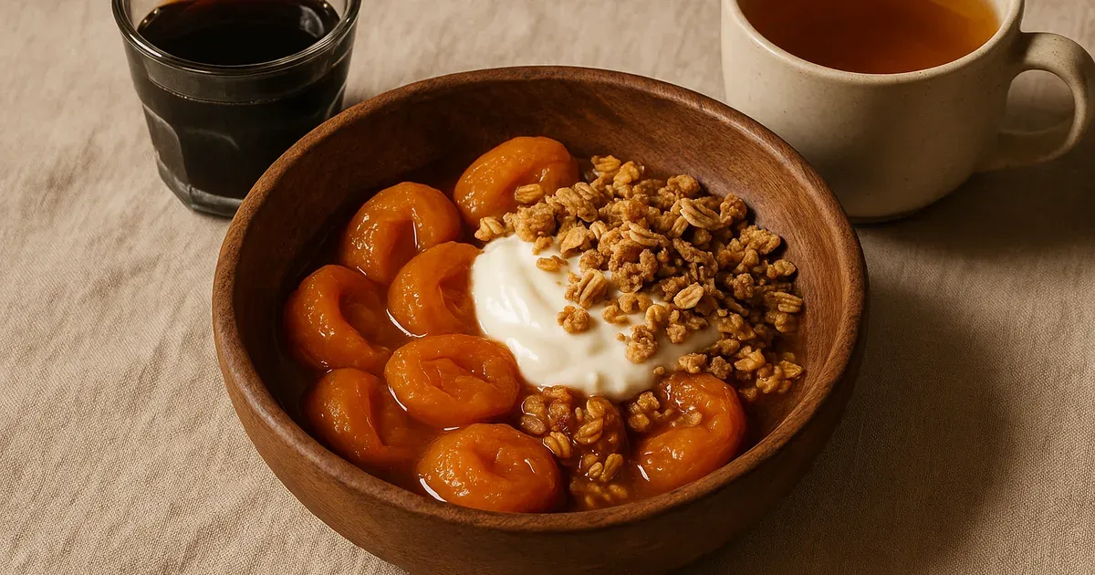 Stewed apricots with yoghurt and granola beside prune juice — natural breakfast remedies to relieve constipation