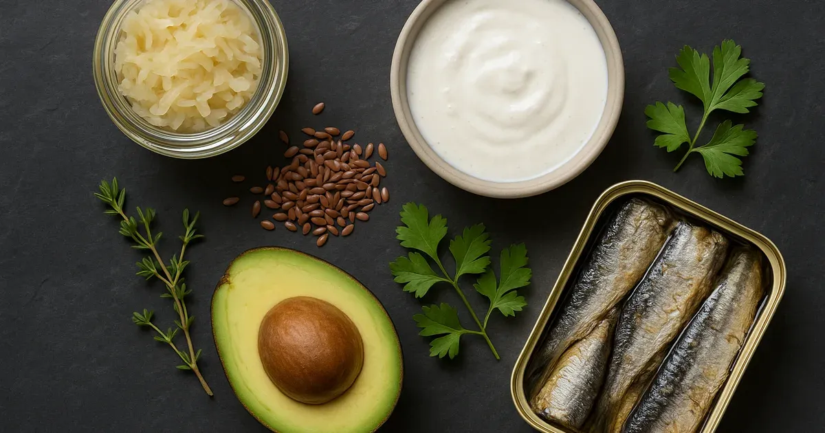 Probiotic and omega-3 foods including sauerkraut, kefir, flaxseeds and avocado to support bowel movement and gut health