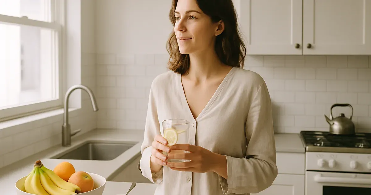 Person drinking lemon water in a morning routine to encourage a bowel movement and relieve constipation naturally