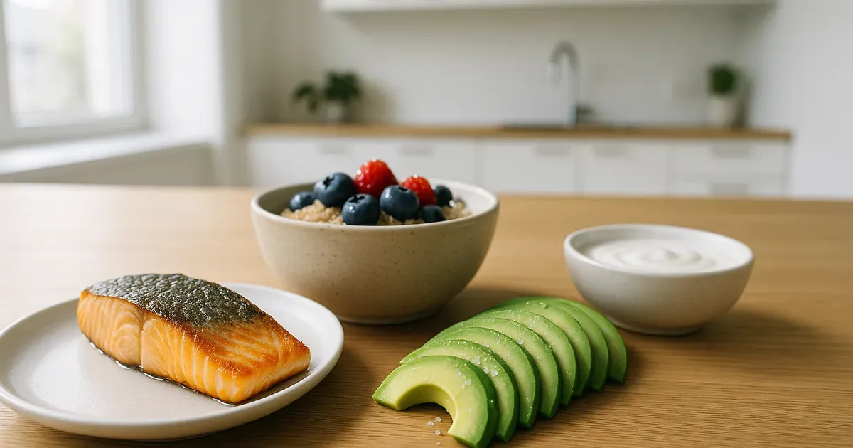 Balanced meal with salmon, oats, avocado and yogurt shown as foods that increase GLP-1 naturally