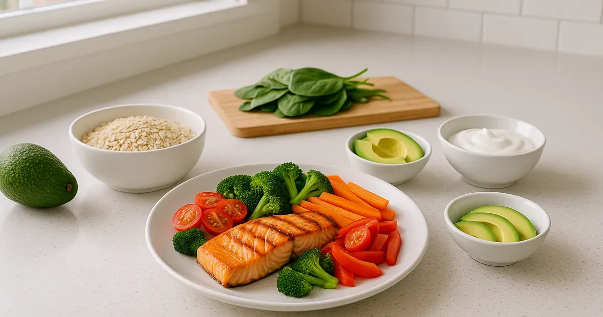 Balanced meal with protein, fibre, and healthy fats laid out to increase GLP-1 naturally