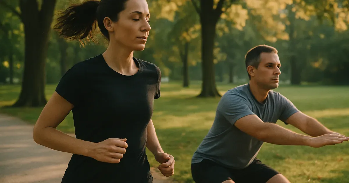 Woman jogging and man doing squats outdoors representing exercise strategies to increase GLP-1 naturally