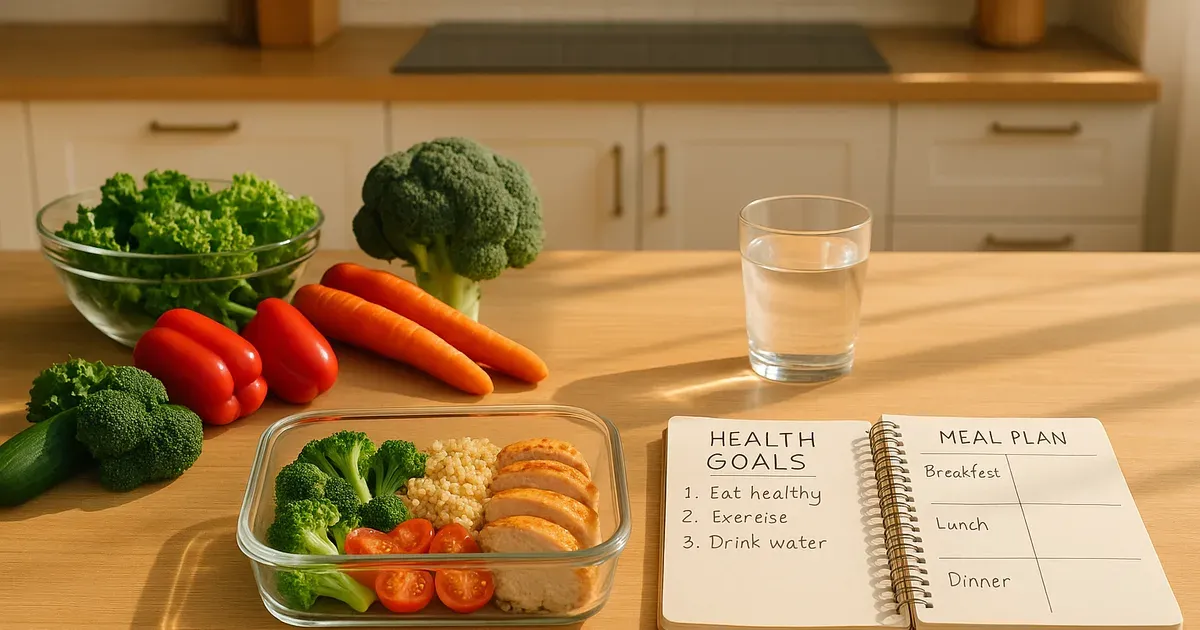 Healthy meal prep on a kitchen counter alongside a handwritten weight loss plan — how to lose weight sustainably