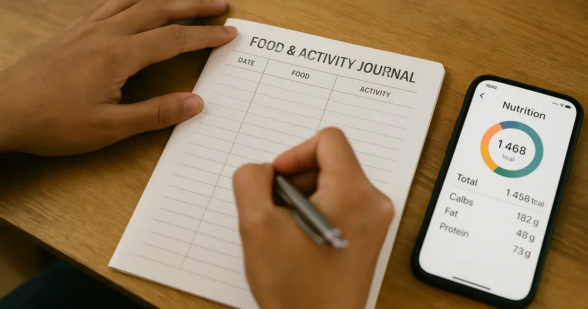 Person tracking food and exercise in a journal alongside a nutrition app — weight loss tracking habits