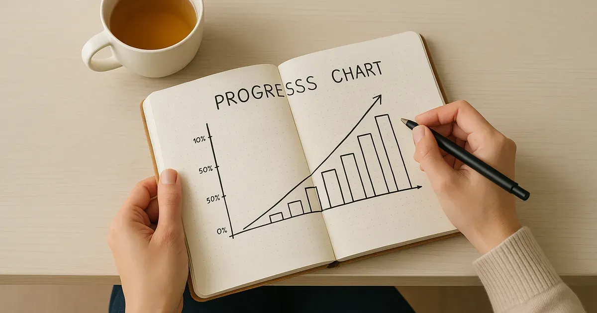 Person reviewing weight loss progress chart in a notebook with herbal tea — monitoring healthy weight goals