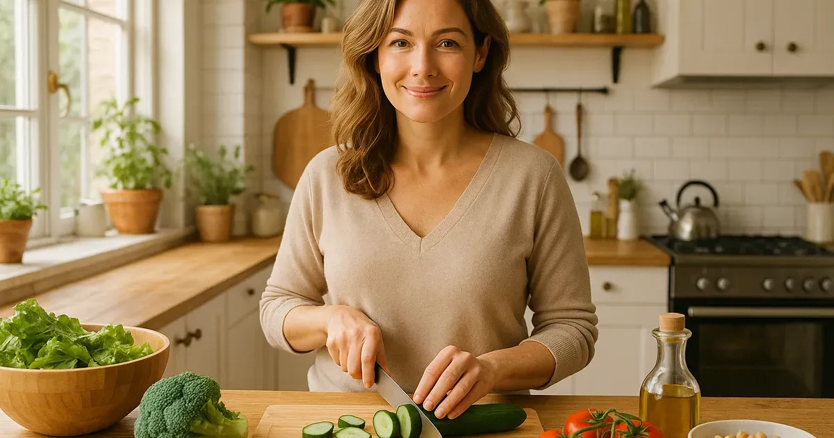 Woman in her 40s preparing healthy food at home as part of a sustainable plan to lose weight in her 40s