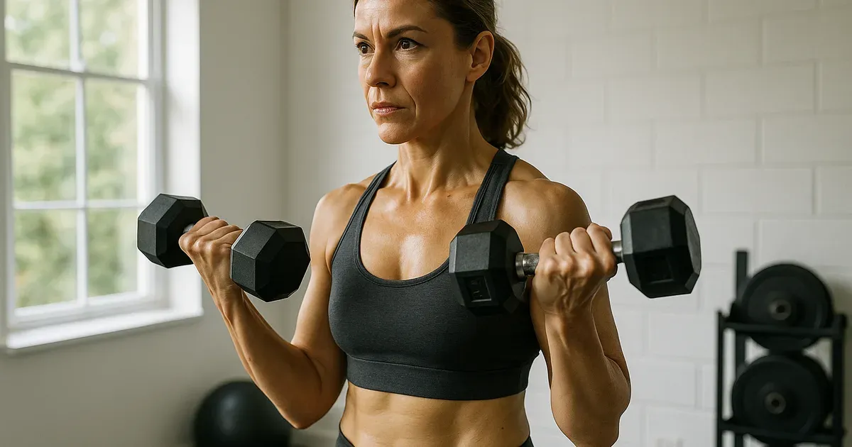 Woman in her 40s lifting weights as part of a strength training routine to boost metabolism and support weight loss