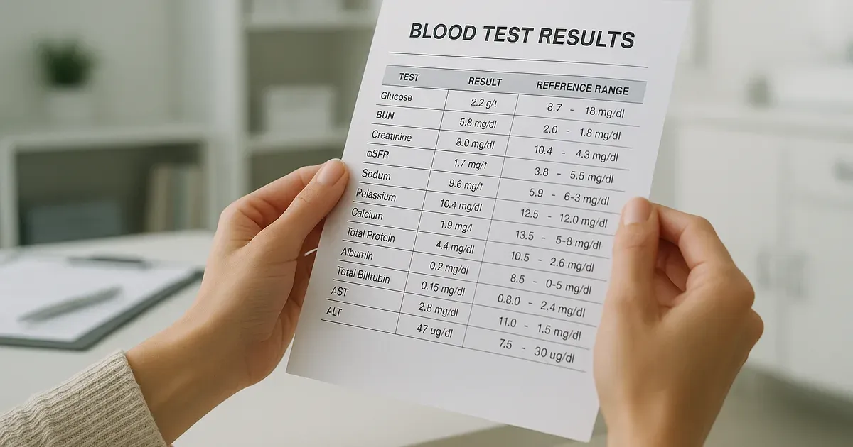 Woman reviewing blood test results to check thyroid and hormonal health for weight management over 50