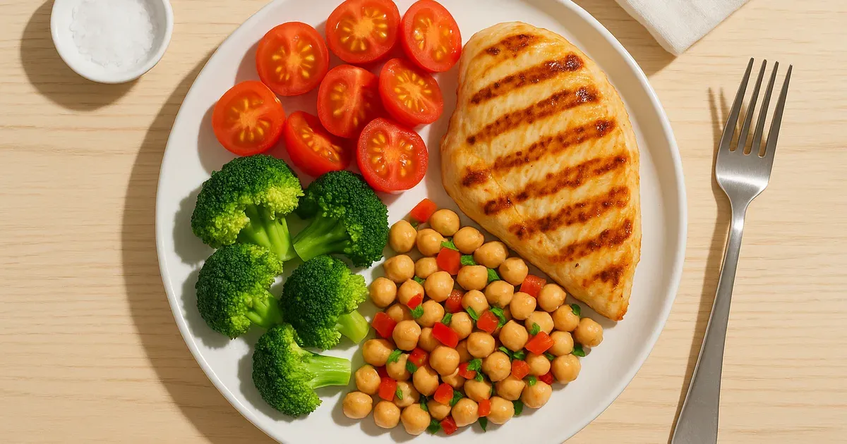 Balanced high-fibre meal with protein and vegetables to support weight loss in your 50s