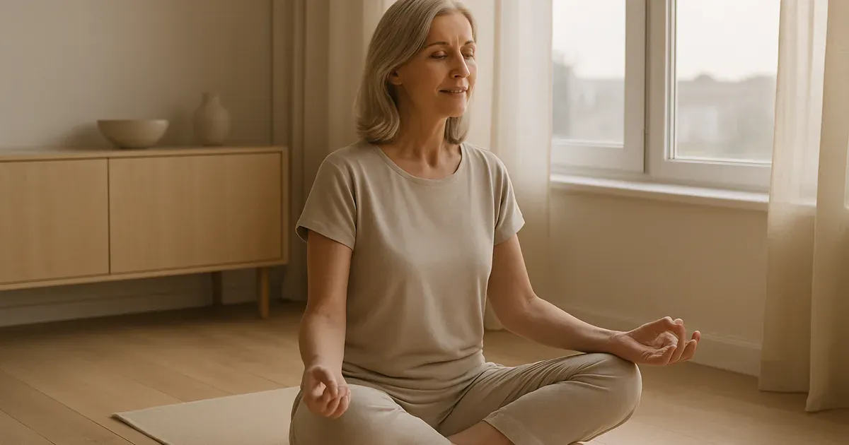 Woman over 50 meditating at home to reduce cortisol and support weight loss