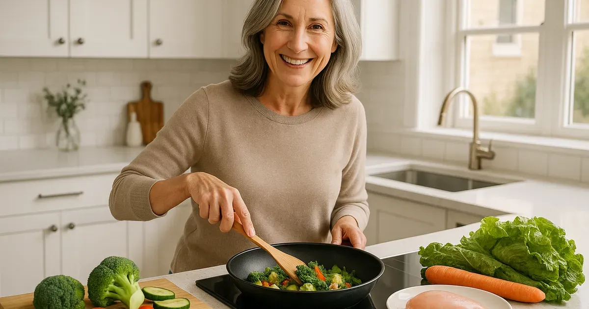 Woman in her 50s cooking a healthy home-cooked meal to support sustainable weight loss