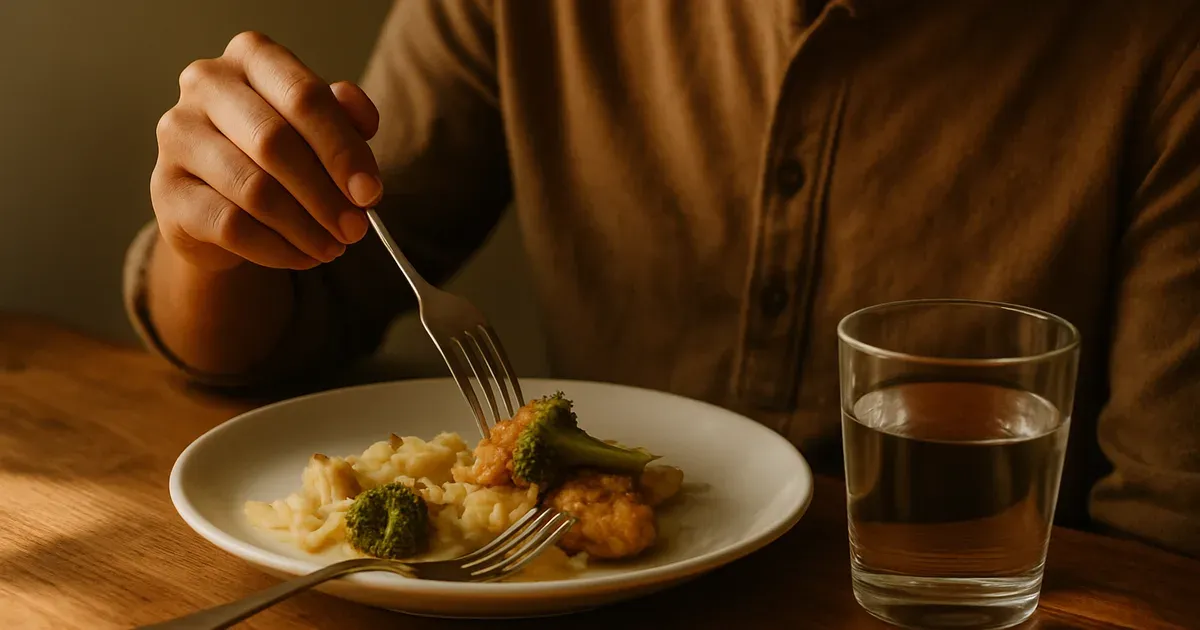 Person practising mindful eating by eating slowly at a table with water nearby