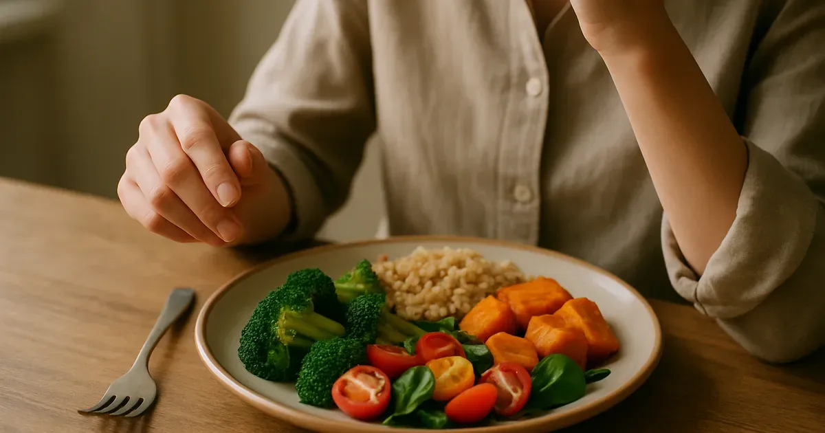 Person eating a healthy meal slowly and mindfully to reduce stomach bloating and improve digestion
